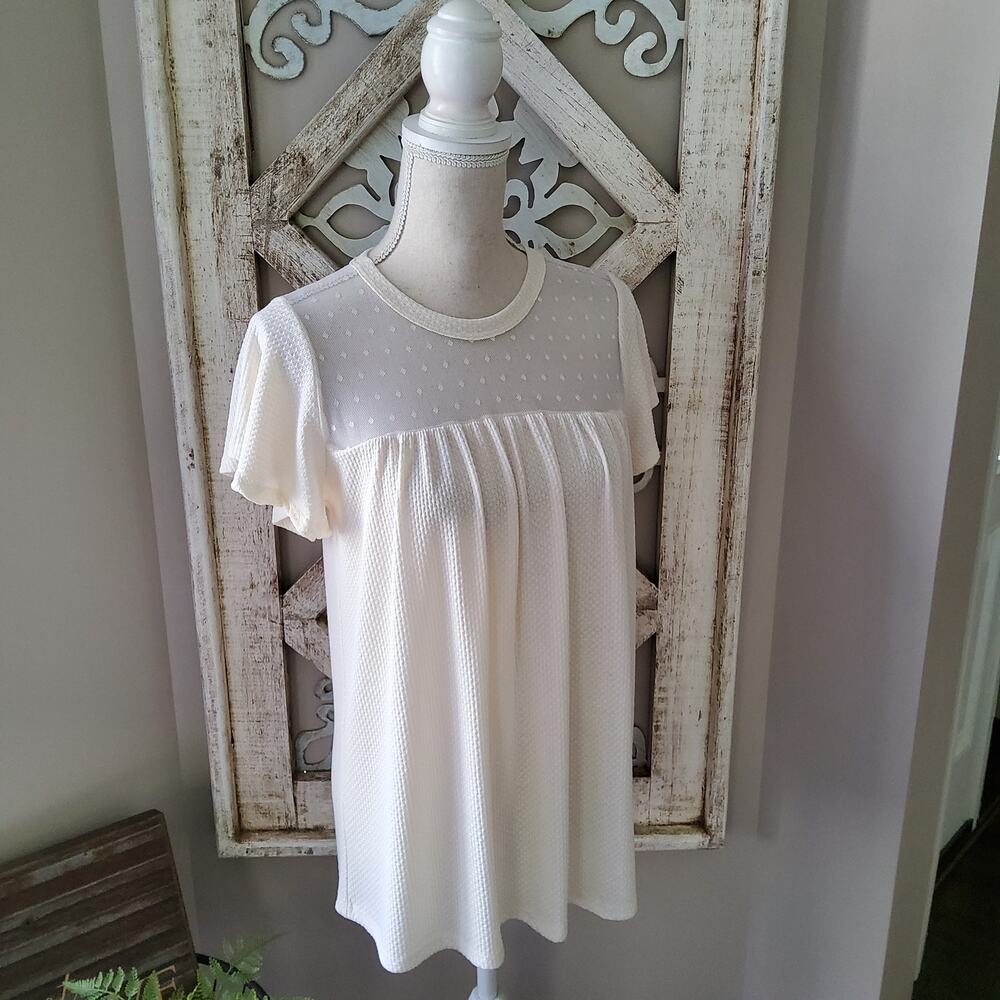 Perfect Peach Cream Cottagecore Swiss Dot Flutter Sleeve Babydoll Tunic Top S XL